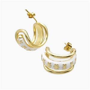 Copper Flower Stud Earrings White Enamel Gold Plated, approx 12mm, 20mm dia