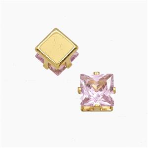Pink Cubic Zirconia Square Beads Prong-Set No-Hole, approx 7mm