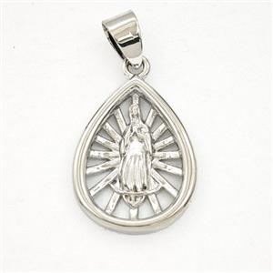 Copper Virgin Mary Teardrop Pendant Platinum Plated, approx 15-20mm