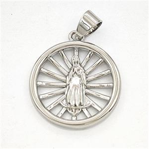 Copper Virgin Mary Circle Pendant Platinum Plated, approx 20mm
