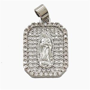 Copper Virgin Mary Pendant Pave Zirconia Rectangle Platinum Plated, approx 15-20mm