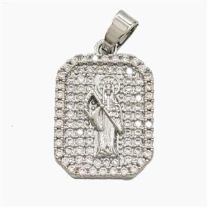 Copper Santa Muerte Pendant Pave Zirconia Halloween Rectangle Platinum Plated, approx 15-20mm
