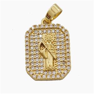 Copper Santa Muerte Pendant Pave Zirconia Halloween Rectangle Gold Plated, approx 15-20mm