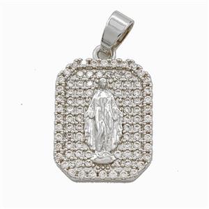 Copper Virgin Mary Pendant Pave Zirconia Rectangle Platinum Plated, approx 15-20mm