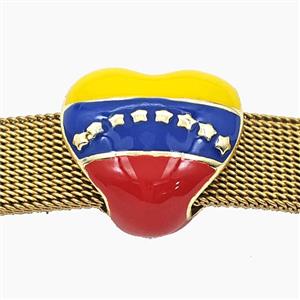 Copper Heart Beads FlatHole Enamel Venezuela Flag Gold Plated, approx 17.5mm, 3-12mm hole