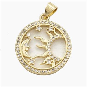Copper Sun Moon Pendant Pave Zirconia Gold Plated, approx 20mm