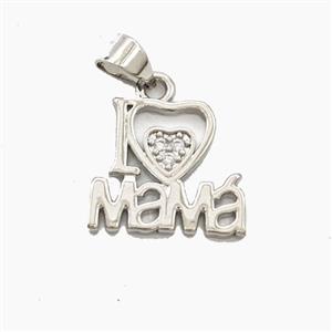 Copper Pendant Pave Zirconia I Love Mama Heart Platinum Plated, approx 14-15mm