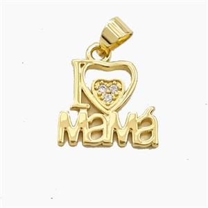 Copper Pendant Pave Zirconia I Love Mama Heart Gold Plated, approx 14-15mm