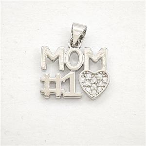 Copper MOM Heart Pendant Pave Zirconia Platinum Plated, approx 12-16mm