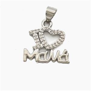 Copper Pendant Pave Zirconia I Love Mama Heart Platinum Plated, approx 14-16mm