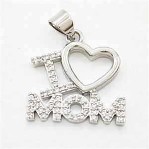 Copper Pendant Pave Zirconia I Love Mama Heart Platinum Plated, approx 16-18mm