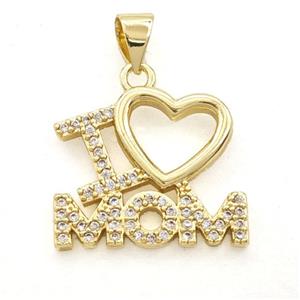 Copper Pendant Pave Zirconia I Love Mama Heart Gold Plated, approx 16-18mm