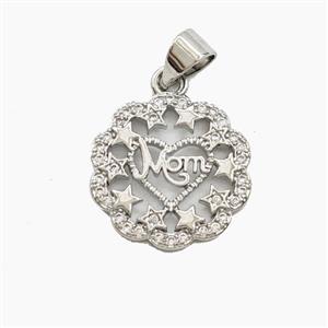 Copper MOM Pendant Pave Zirconia Flower Star Platinum Plated, approx 15.5mm