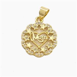 Copper MOM Pendant Pave Zirconia Flower Star Gold Plated, approx 15.5mm