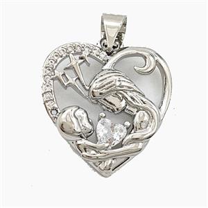 Copper Heart Pendant Pave Zirconia MamaBaby Platinum Plated, approx 18mm