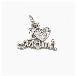 Copper Pendant Pave Zirconia I Love Mama Heart Platinum Plated, approx 9-15mm