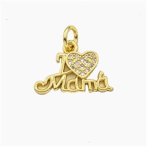 Copper Pendant Pave Zirconia I Love Mama Heart Gold Plated, approx 9-15mm
