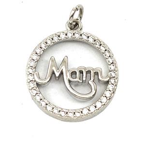 Copper MOM Pendant Pave Zirconia Circle Platinum Plated, approx 17.5mm