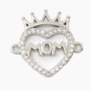 Copper Heart MOM Connector Pave Zirconia Crown Platinum Plated, approx 15-19mm