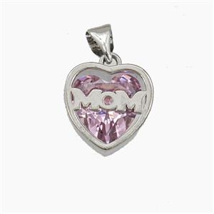 Copper Heart MOM Pendant Pave Pink Cubic Zirconia Platinum Plated, approx 13mm