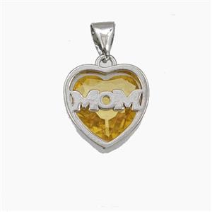Copper Heart MOM Pendant Pave Yellow Cubic Zirconia Platinum Plated, approx 13mm