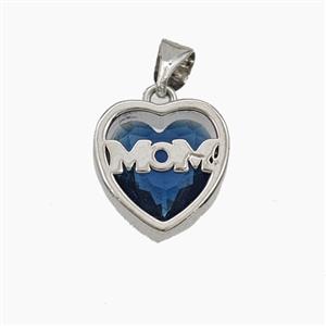 Copper Heart MOM Pendant Pave Blue Cubic Zirconia Platinum Plated, approx 13mm