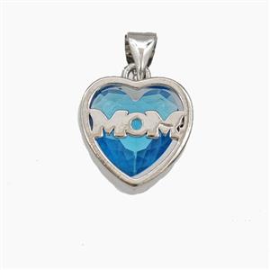 Copper Heart MOM Pendant Pave Blue Cubic Zirconia Platinum Plated, approx 13mm