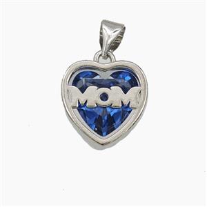 Copper Heart MOM Pendant Pave Blue Cubic Zirconia Platinum Plated, approx 13mm