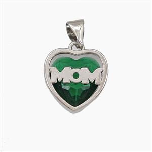 Copper Heart MOM Pendant Pave Green Cubic Zirconia Platinum Plated, approx 13mm