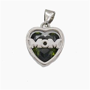 Copper Heart MOM Pendant Pave Olive Cubic Zirconia Platinum Plated, approx 13mm