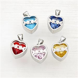 Copper Heart MOM Pendant Pave Cubic Zirconia Platinum Plated Mixed, approx 13mm