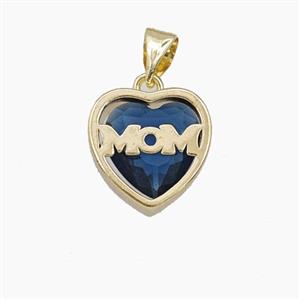 Copper Heart MOM Pendant Pave Blue Cubic Zirconia Gold Plated, approx 13mm