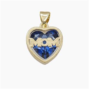 Copper Heart MOM Pendant Pave Blue Cubic Zirconia Gold Plated, approx 13mm