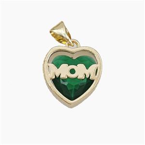Copper Heart MOM Pendant Pave Green Cubic Zirconia Gold Plated, approx 13mm