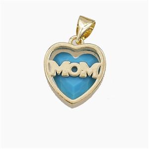 Copper Heart MOM Pendant Pave Blue Cubic Zirconia Gold Plated, approx 13mm