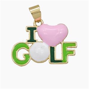 Copper Pendant Multicolor Enamel Sports I Love GOLF Gold Plated, approx 16-25mm
