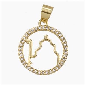 Swami Samarth Charms Copper Circle Pendant Pave Zirconia Gold Plated, approx 18mm