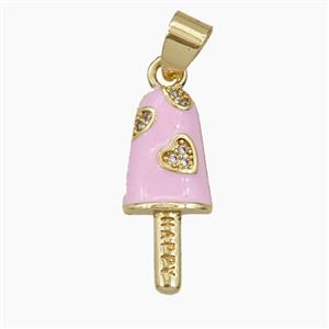 Ice Cream Charms Copper Popsicle Pendant Pave Zirconia Heart Pink Enamel Gold Plated, approx 9-21mm
