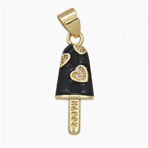 Ice Cream Charms Copper Popsicle Pendant Pave Zirconia Heart Black Enamel Gold Plated, approx 9-21mm