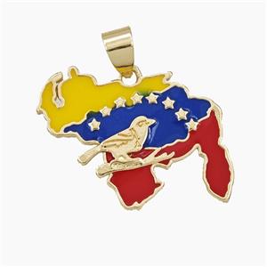 Venezuela Flag Map Charms Copper Pendant Multicolor Enamel Birds Gold Plated, approx 20-26mm