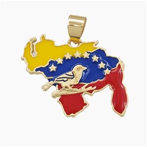Venezuela Flag Map Charms Copper Pendant Multicolor Enamel Birds Gold Plated, approx 20-26mm