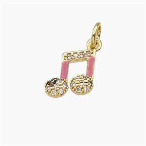 Copper Musical Note Pendant Pave Zirconia Pink Enamel Gold Plated, approx 9mm