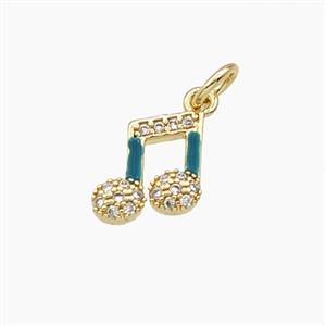 Copper Musical Note Pendant Pave Zirconia Green Enamel Gold Plated, approx 9mm