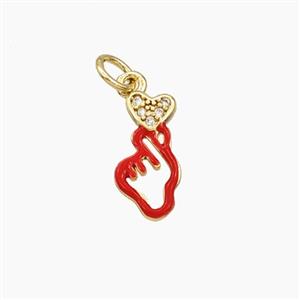 Copper Heart Love Hand Pendant Pave Zirconia Red Enamel Gold Plated, approx 7-14mm