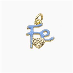 Copper FE Heart Pendant Pave Zirconia Blue Enamel Gold Plated, approx 12mm