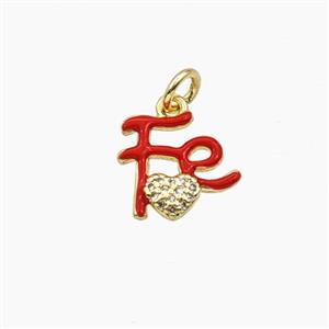 Copper FE Heart Pendant Pave Zirconia Red Enamel Gold Plated, approx 12mm
