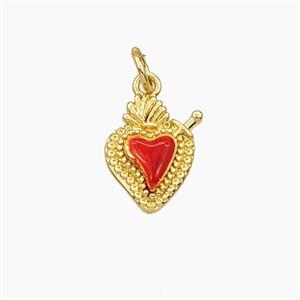 Copper Sacred Heart Pendant Red Enamel Gold Plated, approx 11-14mm