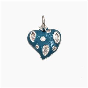 Copper Heart Pendant Pave Zirconia Teal Enamel Platinum Plated, approx 11mm