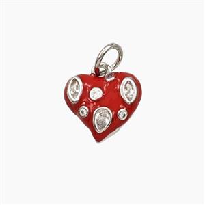 Copper Heart Pendant Pave Zirconia Red Enamel Platinum Plated, approx 11mm