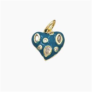 Copper Heart Pendant Pave Zirconia Teal Enamel Gold Plated, approx 11mm